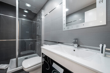 Toilet with white wooden furniture with drawers, mirror with frame and stainless steel and glass screen with white porcelain toilets
