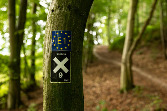 Close-up of the trail marking signs for the "E1 European long distance path" and the "X9 Emmerweg" at a hiking trail near Aerzen, Weser Uplands, Lower Saxony, Germany