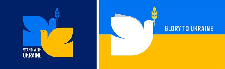 Flying bird, dove as a symbol of peace. Support Ukraine, Stand with Ukraine banner and poster in yellow and blue colors