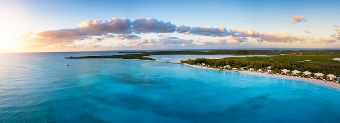 Aerial view of the beautiful Cape Santa Maria Beach, Long island, Caribbean, Bahamas during sunset time