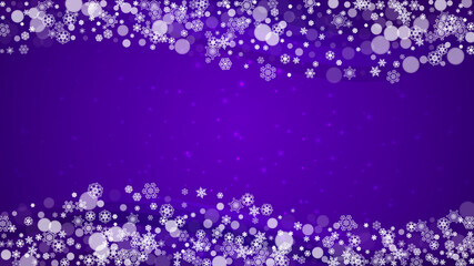 Xmas theme sales with ultraviolet snowflakes. New Year backdrop. Snow frame for gift coupons, vouchers, ads, party events. Christmas trendy background. Holiday frosty banner for xmas theme