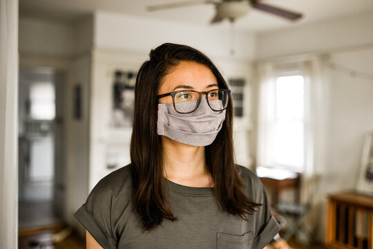 Homemade cloth face mask on woman