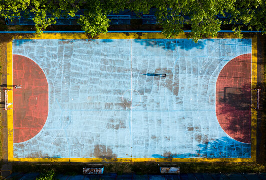 Colorful football court is seen from birds-eye view