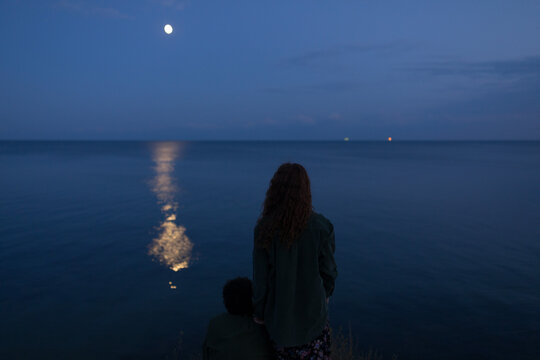 silhouette of a couple on the background of  moonlit 
