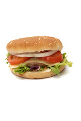 A hamburger, with the ingredients, lettuce, cabbage, cucumber, tomato, onion, cheese, ketchup, mayonnaise. Isolated on white background. One of the most consumed snacks in the world.