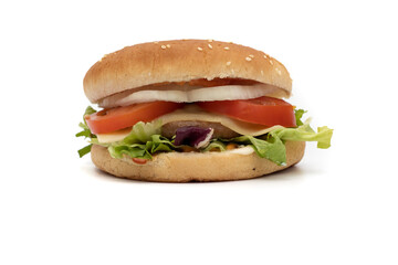 A hamburger, with the ingredients, lettuce, cabbage, cucumber, tomato, onion, cheese, ketchup, mayonnaise. Isolated on white background. One of the most consumed snacks in the world.