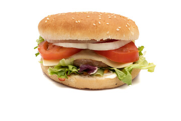 A hamburger, with the ingredients, lettuce, cabbage, cucumber, tomato, onion, cheese, ketchup, mayonnaise. Isolated on white background. One of the most consumed snacks in the world.