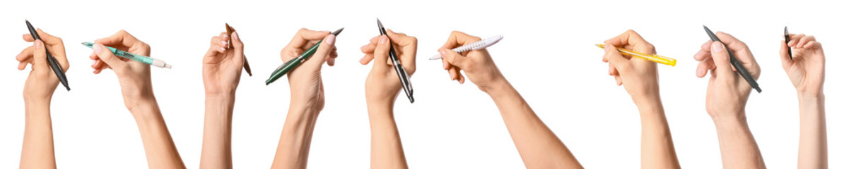 Female hands with different pens on white background