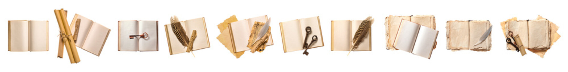 Collection of old books with feather pens, keys and scrolls on white background, top view