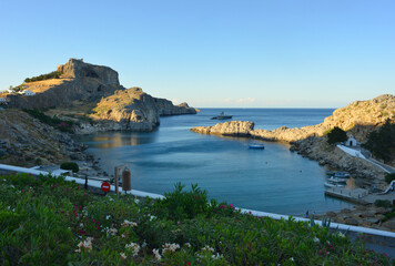Lindos, Rhodes island, Greece, panorama view over the St. Pauls bay and the acropolis