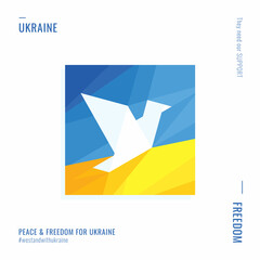 Peace and freedom. Support for Ukraine. Bird fly. Blue yellow abstract backgrounds. Banner template.  Vector