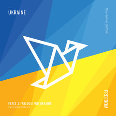 Peace and freedom. Support for Ukraine. Bird fly. Blue yellow abstract backgrounds. Banner template. Vector