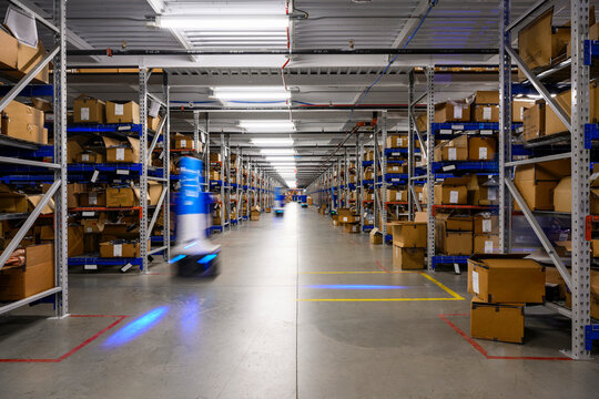 Robots on floor at Warehouse of E-Commerce shipment center 
