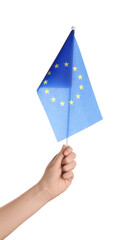 Woman with flag of European Union on white background