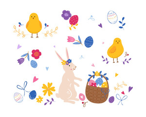 A set of cute colored vector elements for Easter. Flowers, heart, colored eggs, chickens, rabbit, basket for Easter design.