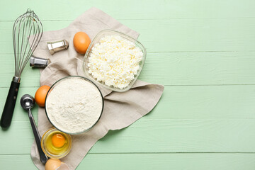 Ingredients for preparing lazy dumplings on color wooden background