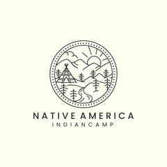 indian camp and mountain with badge and line art style logo icon template design. teepees, native, america, sun, tree, vector illustration © SD22