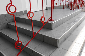 View of grey stairs with red banister
