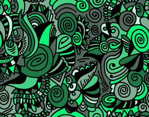 Abstract drawing of black lines painted in green colors.Seamless background.