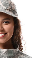 African-American female soldier on white background