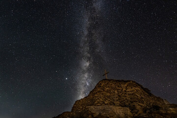 The milkyway galaxy over Olympos mountain, from different angles. Hiking at night to explore wanderfull views.