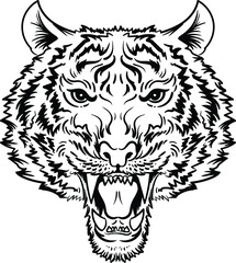 The Vector logo tiger for tattoo or T-shirt design or outwear.  Hunting style big cat print on black background. This hand drawing is for black fabric or canvas.