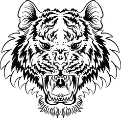 Fototapeta premium The Vector logo tiger for tattoo or T-shirt design or outwear. Hunting style big cat print on black background. This hand drawing is for black fabric or canvas.