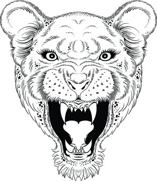 The Vector logo lion for tattoo or T-shirt print design or outwear.  Hunting style lions background. This hand drawing would be nice to make on the black fabric or canvas.