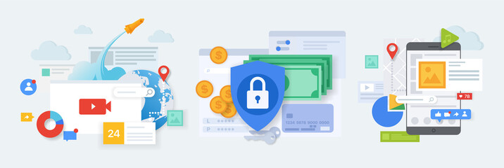Business and multimedia illustration concept. Set of design elements for seo, marketing, social media and privacy protection. Flat vector illustration for web, mobile apps and graphic design