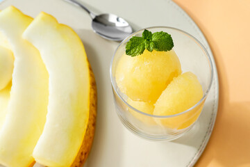 Bowl with tasty sorbet and melon pieces on color background