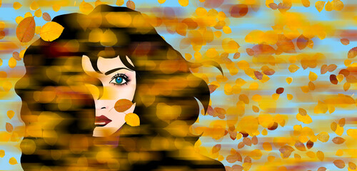 A beautiful woman is seen in autumn as colorful golden leaves blow in the wind around her head in a 3-d illustration.