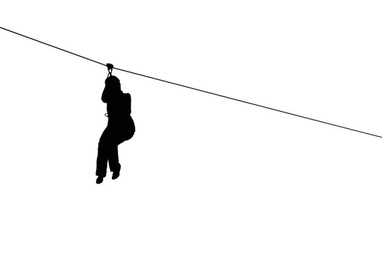 silhouette of side view of young woman riding isolated on zip line