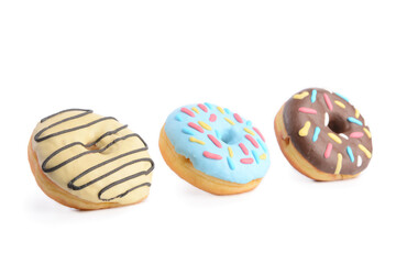 Different sweet donuts on white background