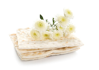 Jewish flatbread with flowers on white background