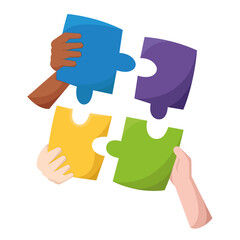 Group of hands holding pieces of a puzzle Business teamwork concept Vector