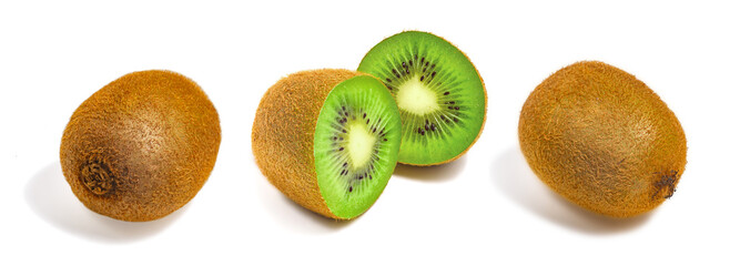 Fototapeta premium Kiwis cut and whole on an isolated white background.