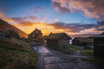 Old log farmhouse of Kirkjuboargardur with turf roof in Kirkjubour village on Streymoy, Faroe...