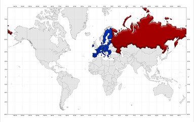 World Map with highlighted European Union and Russia. Business chart, label, sticker, banner, poster, or wallpaper concept.