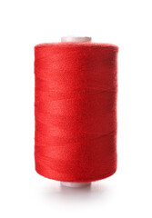 Red sewing thread spool on white background