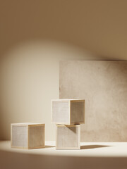 	
3D background, wood pedestal podium on natural shadow pastel beige backdrop. Summer product promotion Beauty cosmetic wooden display. Nude Studio Minimal showcase 3D render advertisement.