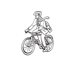 Fototapeta na wymiar line art businessman with helmet riding bicycle to work illustration vector hand drawn isolated on white background