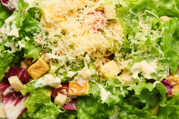 Texture of tasty vegan Caesar salad, closeup
