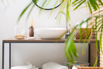 Bath supplies, modern sink and palm leaves near light wall in bathroom
