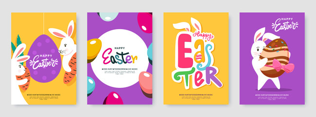 Easter poster collection in cute cartoon style. Easter egg hunt game invitation template. Spring banners set with funny bunnies. Ideal for flyer, social media post, promo, card. Vector illustration.