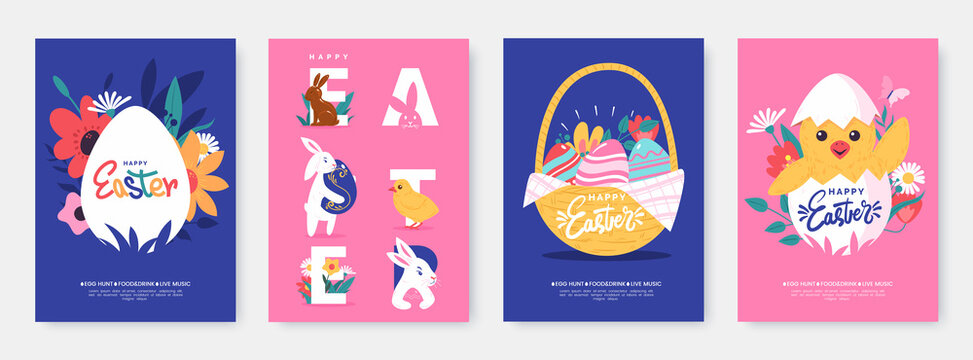 Happy Easter creative poster collection. Set of easter greeting card with cute illustrations in cartoon style. Egg hunt event invitation template. Ideal for flyer, postcard, promo. Vector eps10