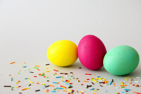 Painted eggs for Easter celebration on grey background