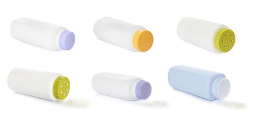 Set of overturned baby powder bottles on white background, banner design