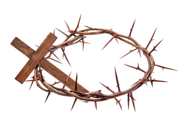 Crown of thorns with wooden cross on white background