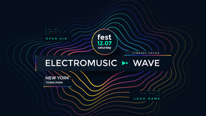 Music wave poster design. Electronic Sound flyer with abstract gradient line waves.