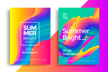 Summer bright party poster. Abstract gradients wave music background. Liquid colorful flow cover. Vector illustration - obrazy, fototapety, plakaty